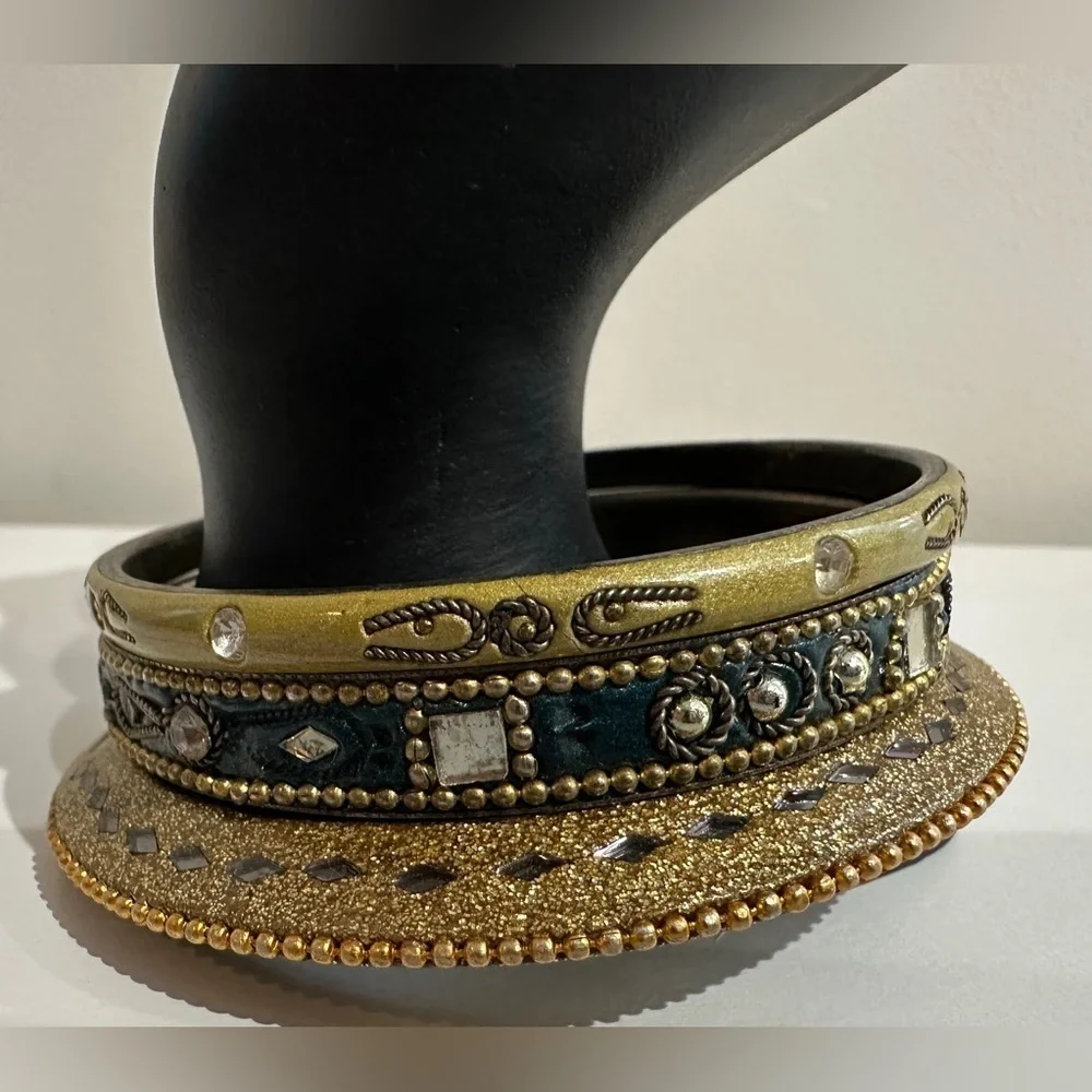 Bohemian Vintage Bangle Trio Green & Gold